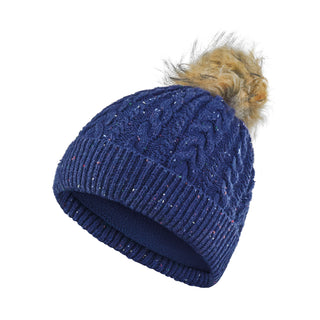 Ladies blue fleck ladies golf hat In an attractive cable knit design. This hat has three layers - an inner waterproof layer plus a soft fleece lining which makes it warm and comfortable. Detachable natural look faux fur bobble.