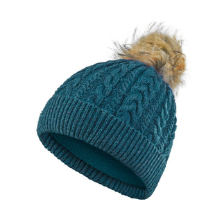 Teal ladies golf hat In an attractive cable knit design. This hat has three layers - an inner waterproof layer plus a soft fleece lining which makes it warm and comfortable. Detachable faux fur bobble in natural colours.