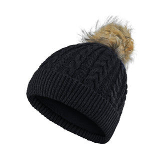 Ladies black golf hat In an attractive cable knit design. This hat has three layers - an inner waterproof layer plus a soft fleece lining which makes it warm and comfortable. Detachable natural look faux fur bobble.