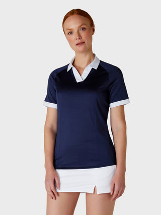 Short Sleeve V-Placket Colourblock Golf Polo - Peacoat