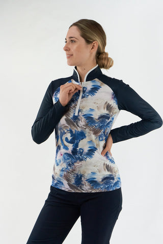 Pure Golf Sienna Long Sleeve Zip Neck Top - Stone Canvas Collection - Navy
