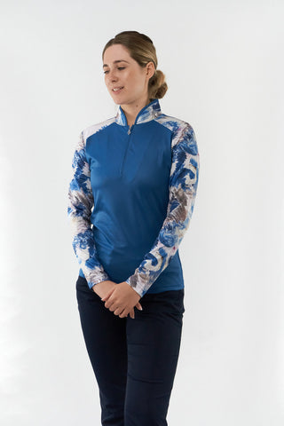 Pure Golf Hazel Long Sleeve Zip Neck Top- Stone Canvas Collection - Vallarta Blue