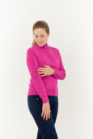 Pure Golf Sorrell Cable Knit Lined Quarter Zip  Golf Jumper - Pink Topaz