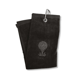 Ladies Crystal Golf Ball and Tee Tri-Fold Golf Towel- Black